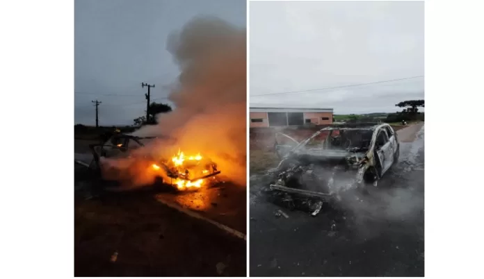Bombeiros controlam incêndio em carro na EMC-020 em Chapecó.