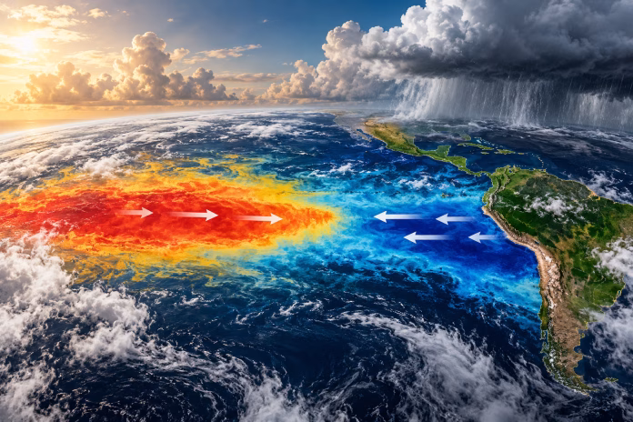 Vista aérea do Oceano Pacífico com formações de nuvens representando os fenômenos El Niño e La Niña