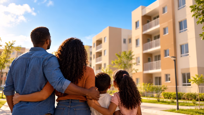 Família em frente a uma casa representando o sonho da casa própria pelo Minha Casa Minha Vida